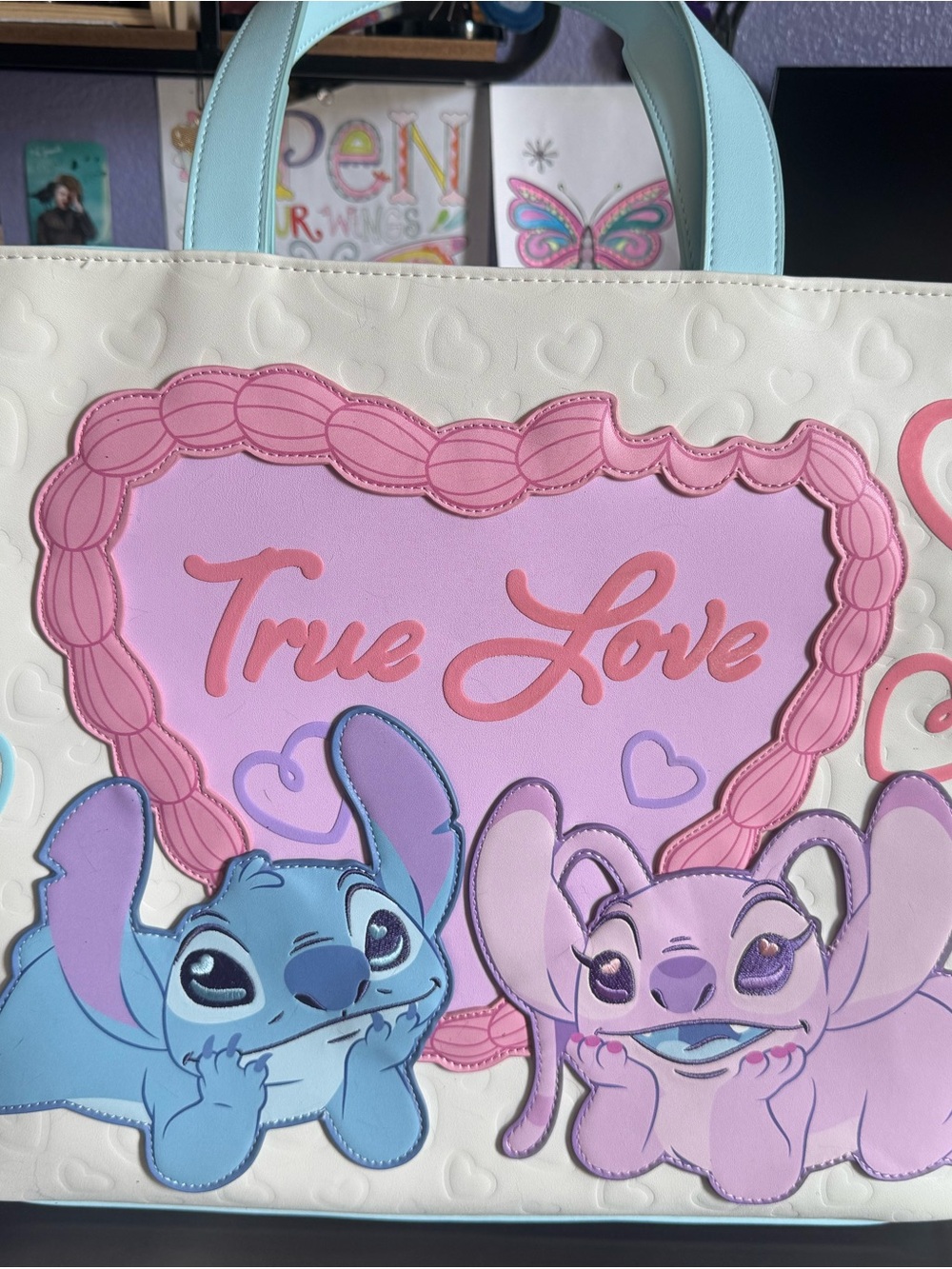 Stitch & Angel 'True Love' Heart Tote - Pastel Blue, Pink & Lavender